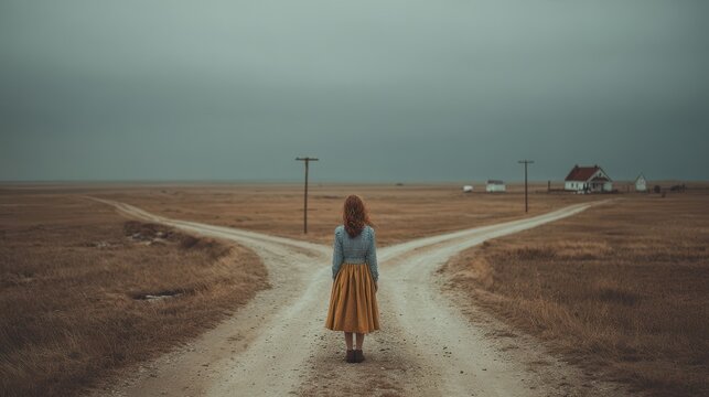 Girl stands at a fork in the road considering her options in a rural setting during an overcast day