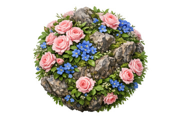 Floral sphere with pink roses and blue forget-me-nots growing on mossy rocks, natural garden decoration