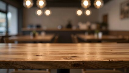 Wooden table top with blurred cafe interior background for product display montage