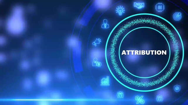 Digital Attribution Concept with Glowing Icons and Data Visualization Elements on a Blue Background