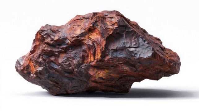 iron ore specimen isolated on light white background, realistic mineral texture, visible layered structure, natural oxidation colors, scientific