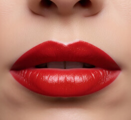 Fototapeta premium Bold Red Lips Close-Up. Close-up of perfect full red lips with glossy shine, flawless skin and subtle Cupid’s bow under soft light.