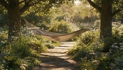 Serene garden edge nook with shaded hammock and native wild plants in sharp focus while accessible stone pathways fade gently into soft bokeh.