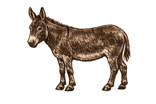 Donkey standing side view vintage illustration. Farm animal sketch drawing with transparent background