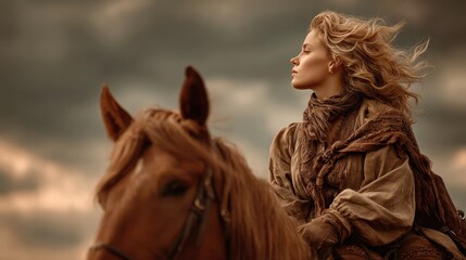 Obraz premium Blonde woman rides horse against cloudy sky in open field during early evening light