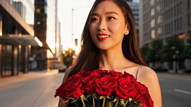 A graceful young woman, radiant under the soft glow of the late afternoon sun, stands elegantly on an urban street. She holds a magnificent bouquet of vibrant red roses, symbolizing love and passion. 