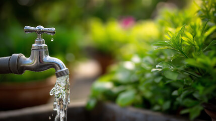 Water flowing from garden faucet with green plants background, daily outdoor tap use, watering and cleaning tasks, garden setting maintenance, defocused foliage, with copy space