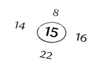 Number fifteen is encircled with numbers eight fourteen sixteen and twenty two surrounding it in a white space