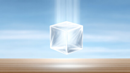 Transparent futuristic cube device floating above a wooden surface, showing a concept of advanced technology, innovation, and digital future
