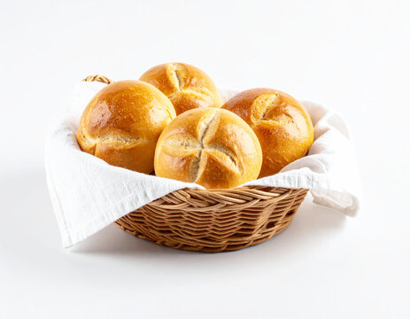 Fresh baked dinner rolls in a breadbasket lines, white background. AI