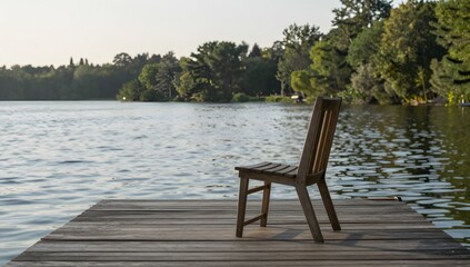 Obraz premium Wooden chair sits on a dock overlooking a tranquil lake at daytime