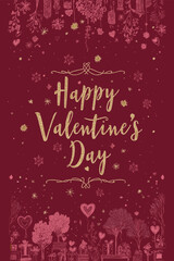 Gold happy Valentine's Day text on a red background with decorative floral elements. Happy Valentine's Day gold glitter greeting with floral ornament