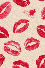 Red lipstick kiss marks covering a cream textured paper surface, creating a playful pattern. Red lipstick kiss marks seamless pattern on textured paper