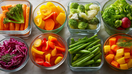 Various vegetables organized in clear containers on table, frozen and fresh items mix, meal preparation ready, food storage organization, with copy space