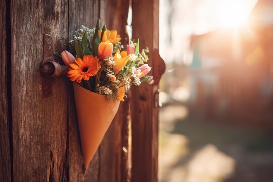 May Day floral gift: cheerful orange cone bouquet suspended from a weathered door under soft lens flare