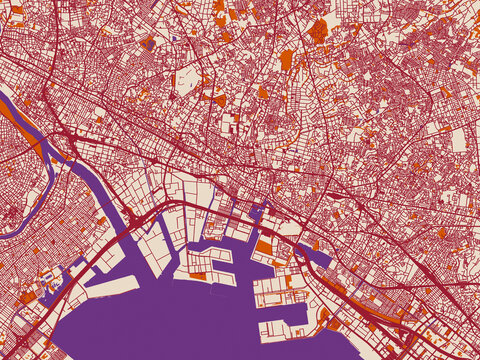 Street network map of Honcho, Japan, burgundy linework on cream