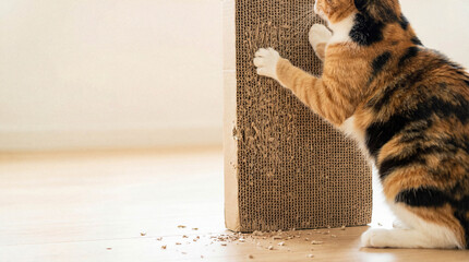 A Calico domestic cat sharpening its claws on a corrugated cardboard scratching post indoors on a light wooden floor.