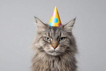 Studio shot of an irritated blue tabby feline in a bright party hat, inviting copy space on a pure white background