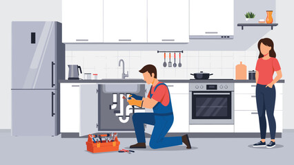 A plumber repairing a sink in a kitchen, with a woman observing, demonstrating residential plumbing services and problem-solving for household fixtures.