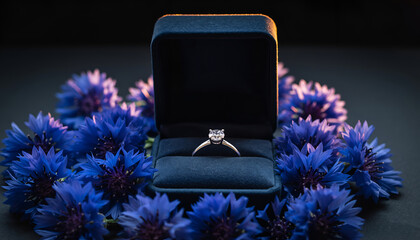 Diamond Engagement Ring in Jewelry Box Surrounded by Blue Flowers