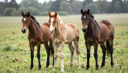 Obraz premium Three young foals standing together in a grassy field on a bright day