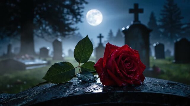 A poignant night scene captures a single, vibrant red rose adorned with glistening water droplets, resting solemnly on a dark, wet surface. Its lush green leaves are delicately spread, providing a ric