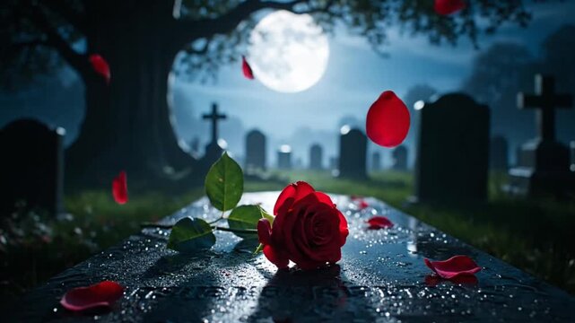 A poignant scene unfolds in a moonlit cemetery at night, where a vibrant red rose lies gently on a wet, dark grave marker. Numerous delicate rose petals are scattered across the reflective surface, sh