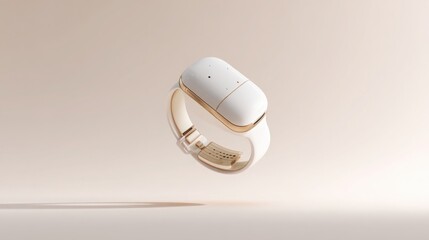 Premium medical wearable device floating on light neutral background, smooth white casing with subtle metallic accents, health monitoring sensors