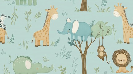 Fototapeta premium Cute cartoon jungle animals seamless pattern. Safari animals pattern with giraffes, elephants, and lions on a light blue background