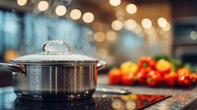 Steaming Pot on Stove with Vegetables