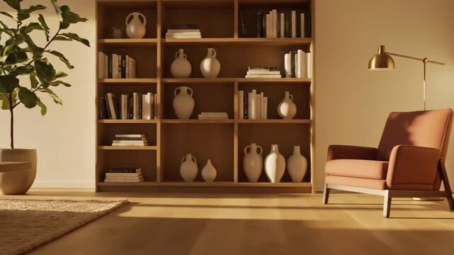 Living room interior featuring sofa coffee table bookshelf and potted plant