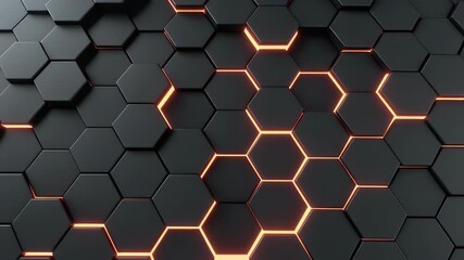 A close-up view of a dark hexagonal pattern with some cells glowing with an orange light, creating a futuristic and abstract background. - Powered by Adobe