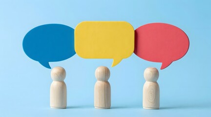 Three wooden figures communicate with colorful speech bubbles on light blue background