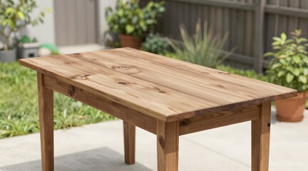 Close up of a wooden table in a backyard setting for outdoor dining