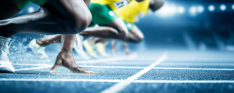Athletes in starting blocks on a blue running track under bright stadium lights, awaiting the signal to begin a sprint race