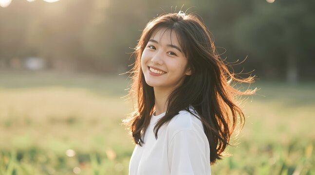Happy young woman smiles at the camera while standing in a grassy field