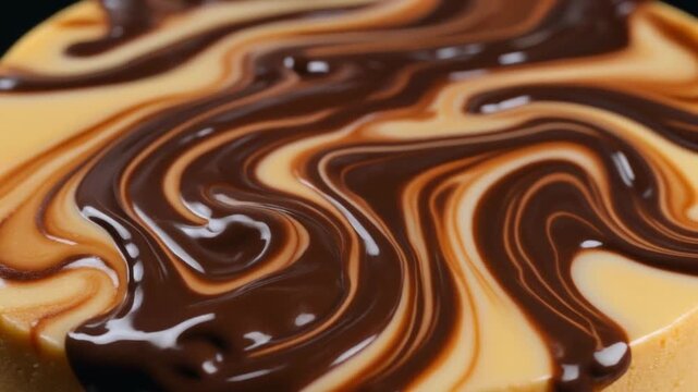 Caramel Cake with Chocolate Swirl Topping, Close-up, Dessert, Sweet Treat