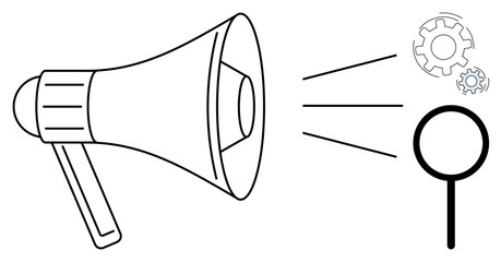Digital marketing, search optimization, innovation, problem-solving, teamwork, data analysis. Megaphone projecting lines towards gears and magnifying glass. Digital marketing and search optimization