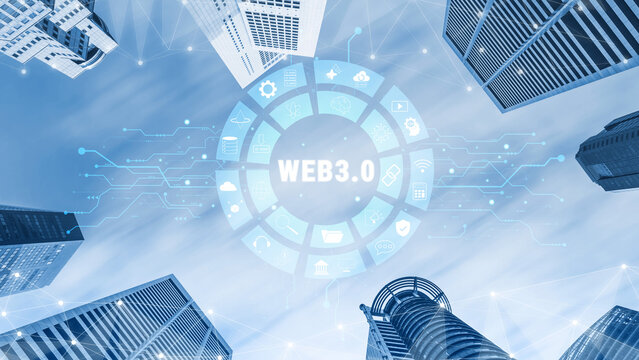 The Web 3.0 technology ecosystem and its digital applications. An interface showcasing the various components of the next generation internet. Motif