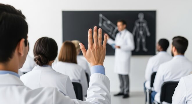 Medical conference audience with doctor raising hand during CME continuing medical education seminar or training.