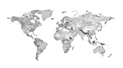 Artistic world map illustration featuring a monochromatic color palette and intricate city elements