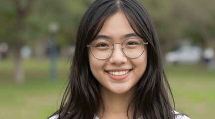 Portrait of a young woman with glasses smiling outdoors in a natural setting