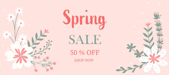 Obraz premium Card for spring sale and flowers on pink background