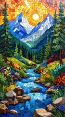 Mosaic Mountain Landscape with River and Sunrise.