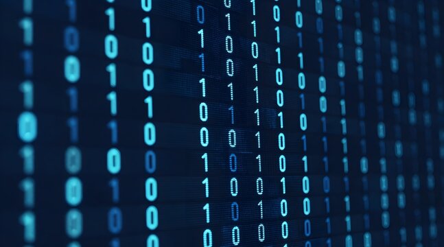 Computer screen displays strings of binary code illuminated in shades of blue - Powered by Adobe