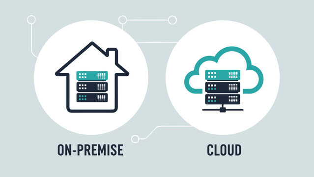 Visual comparison between "On-Premise" and "Cloud" hosting solutions, represented by server racks inside a house icon versus a cloud icon, illustrating IT infrastructure choices.