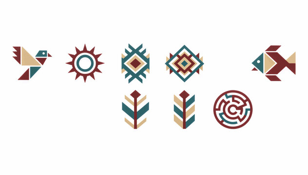 Geometric indigenous pattern icon set. Tribal symbols including bird, sun, fish and plants. Flat design ethnic vector illustration