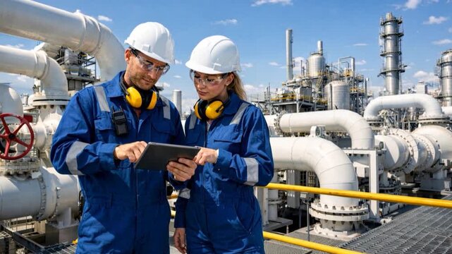 Group of industrial workers in a refinery checking parameters on tablet computer.
