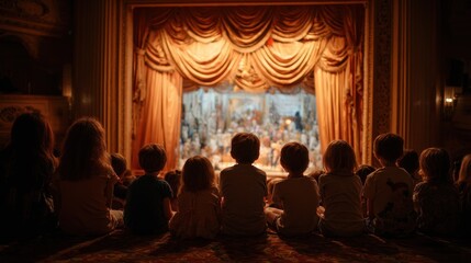 Children watch a puppet show in a theater with colorful scenes and engaging characters during a lively performance