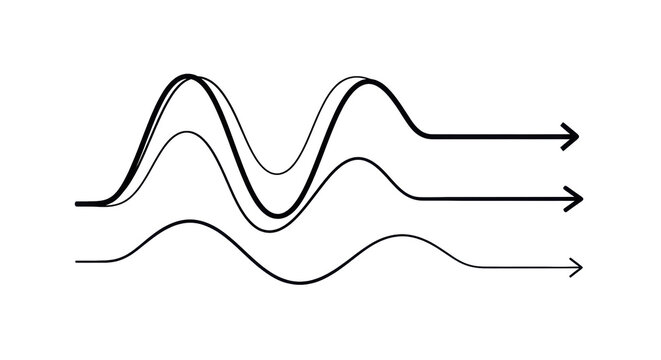 Three distinct black lines with varying undulations, two pronounced sinusoidal and one gentle, each with a right-pointing arrow, on a transparent background with expansive copy space. Concept of